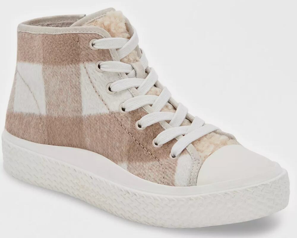 Dolce Vita Veola Plush Sneaker 9 Tan White Gingham Plaid NWOT Shearling Lace Up